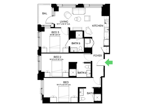 Floor plan for 3 beds, 3 baths, 1199 sqft